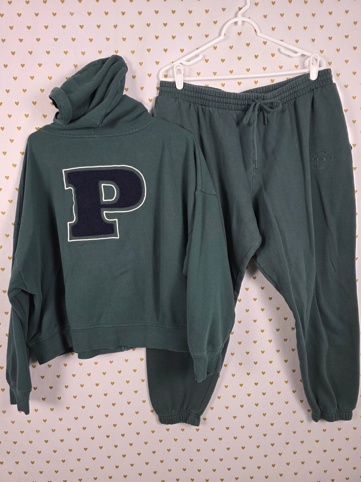 Victorias Secret Pink Green Full Zip Hoodie Jacket Sweats SET Outfit XL 2pc