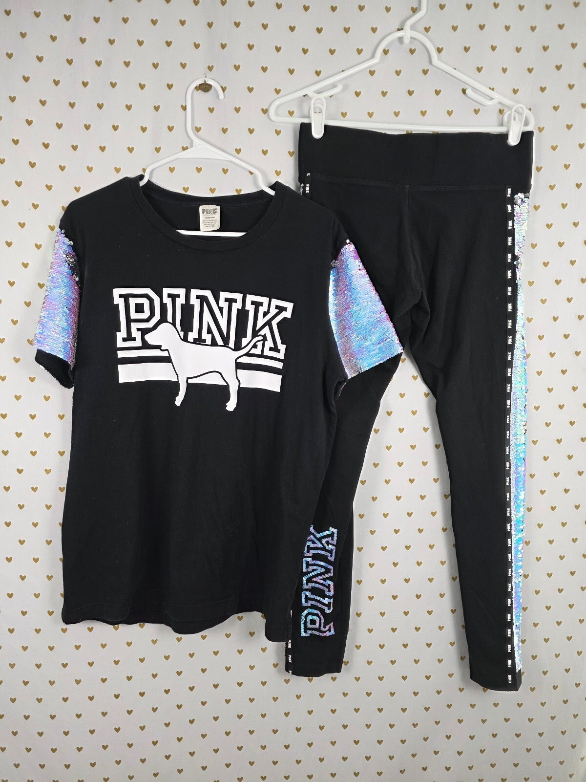 Victorias Secret PINK MERMAID Flip Bling Sequined SET M L Tee Yoga Pants HTF