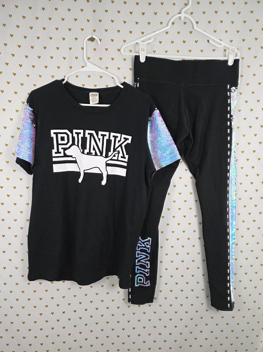 Victorias Secret PINK MERMAID Flip Bling Sequined SET M L Tee Yoga Pants HTF