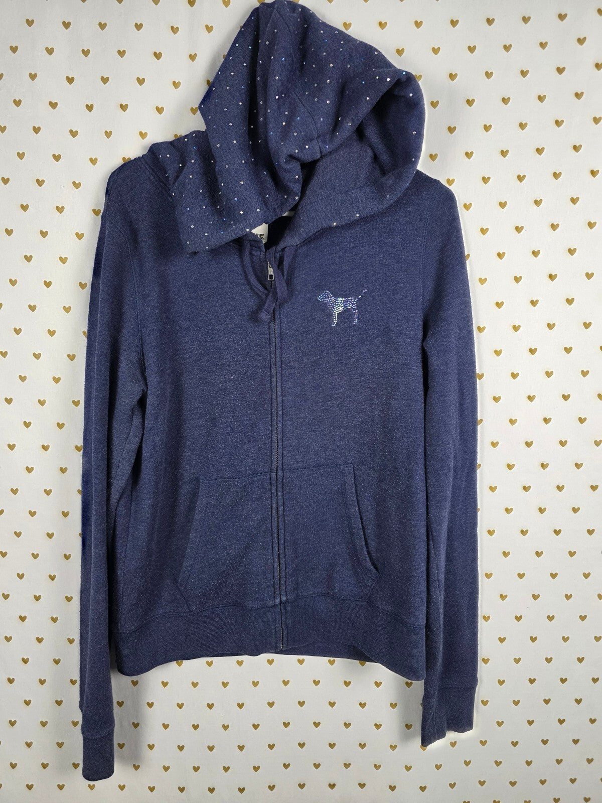 Victorias Secret Pink Bling Rhinestone Logo Full zip hoodie jacket Blue Medium