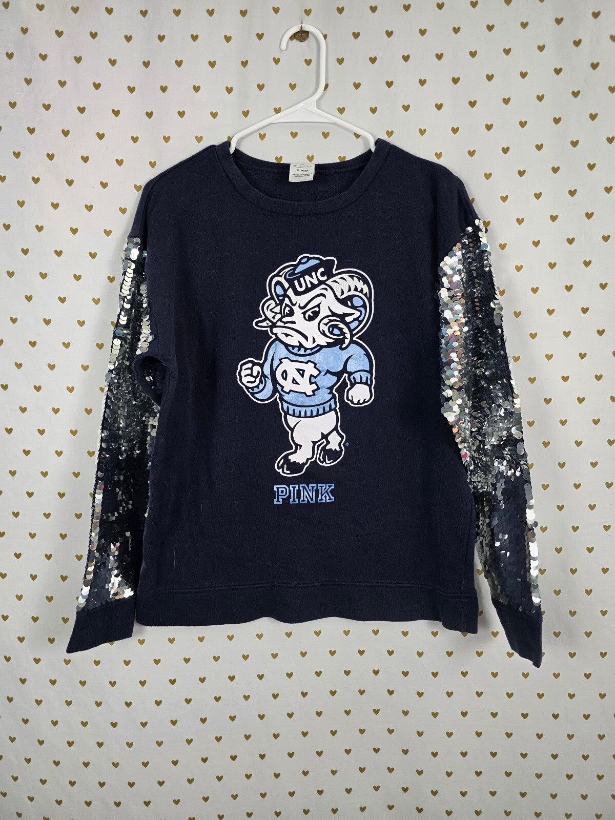 VS PINK x 5th & Ocean UNC Tar Heels Sweatshirt XS Sequin Sleeves Bling