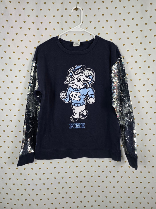 VS PINK x 5th & Ocean UNC Tar Heels Sweatshirt XS Sequin Sleeves Bling