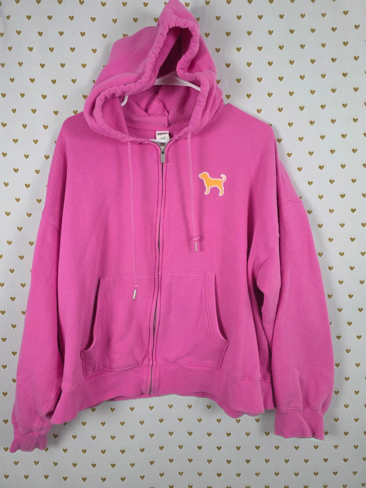 Victorias Secret Pink Embroidered Dog Full Zip Hoodie Jacket XL Oversized