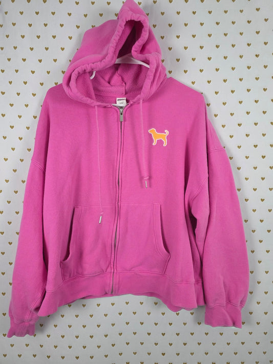 Victorias Secret Pink Embroidered Dog Full Zip Hoodie Jacket XL Oversized