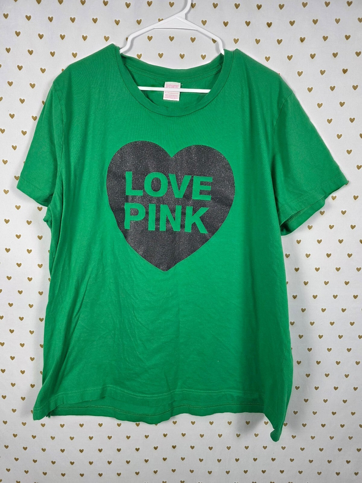 PINK Victoria's Secret Love Heart Glitter Tee Green XXL Shirt Campus Originals