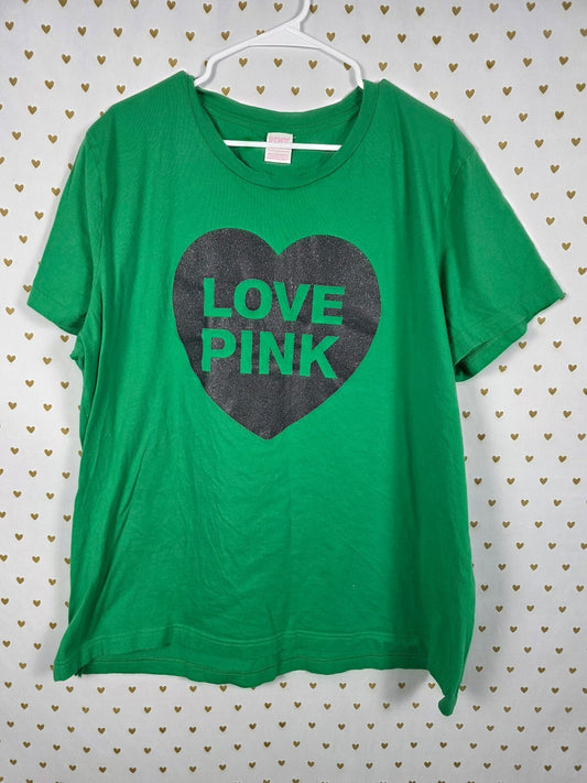 PINK Victoria's Secret Love Heart Glitter Tee Green XXL Shirt Campus Originals