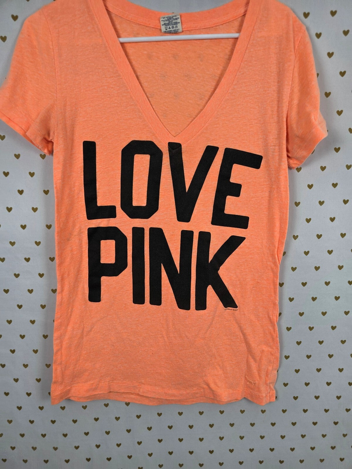 Victorias Secret PINK Neon Love Logo V neck tee shirt Y2k Large
