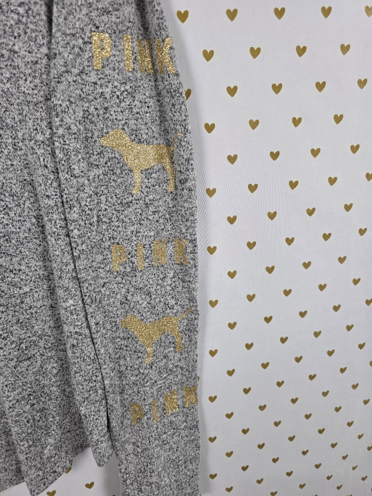 Victorias Secret PINK Grey Gold Glitter Bling Long Sleeve Tee shirt LARGE