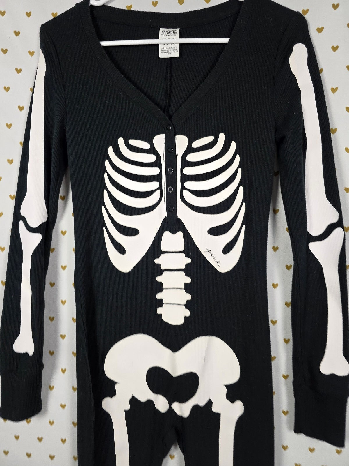 Victoria's Secret PINK Skeleton Thermal Onesie XS Black Halloween Pajamas