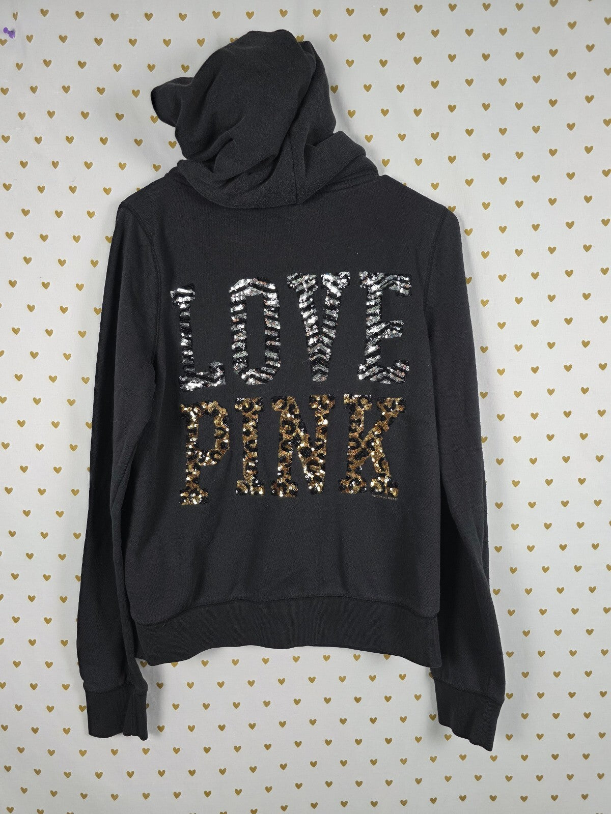 Victoria's Secret PINK BLING Sequin LOVE PINK Zebra Leopard Zip Hoodie Large Y2K