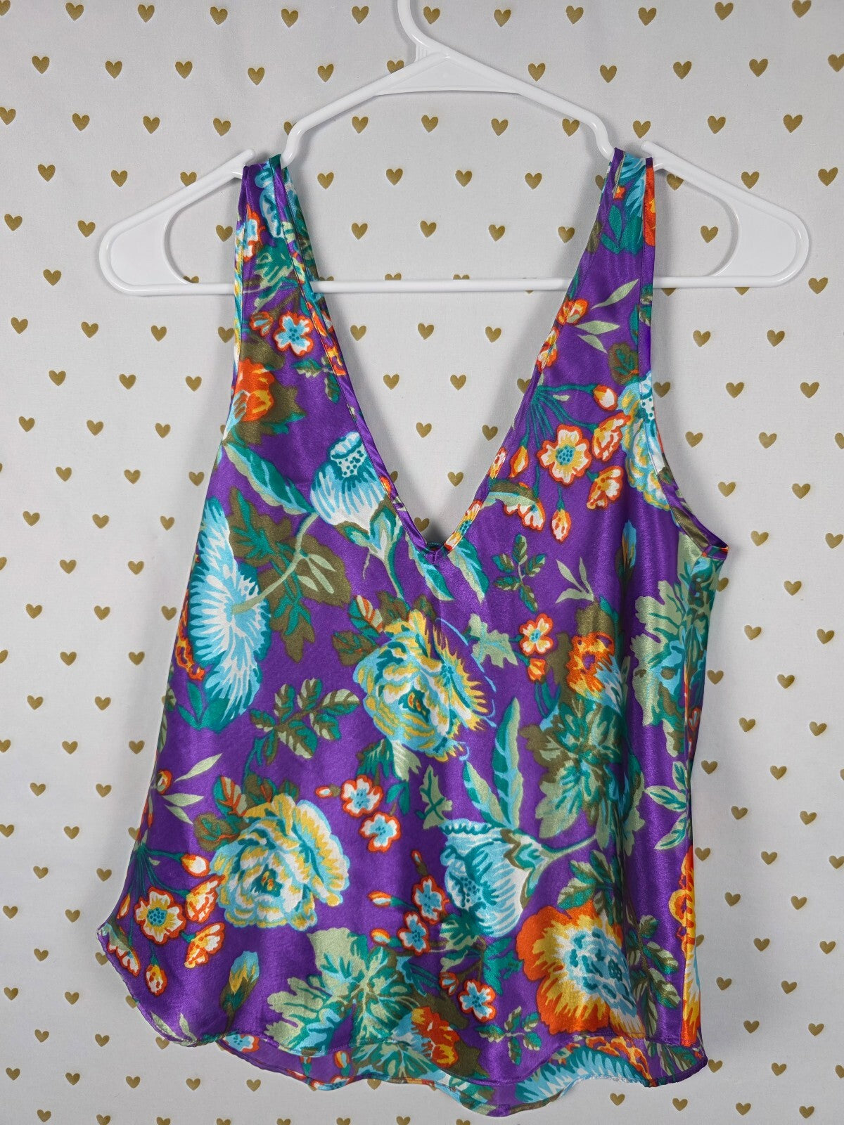 Victorias Secret Vintage gold Label satin Floral Tank Top V neck Cami Purple SM