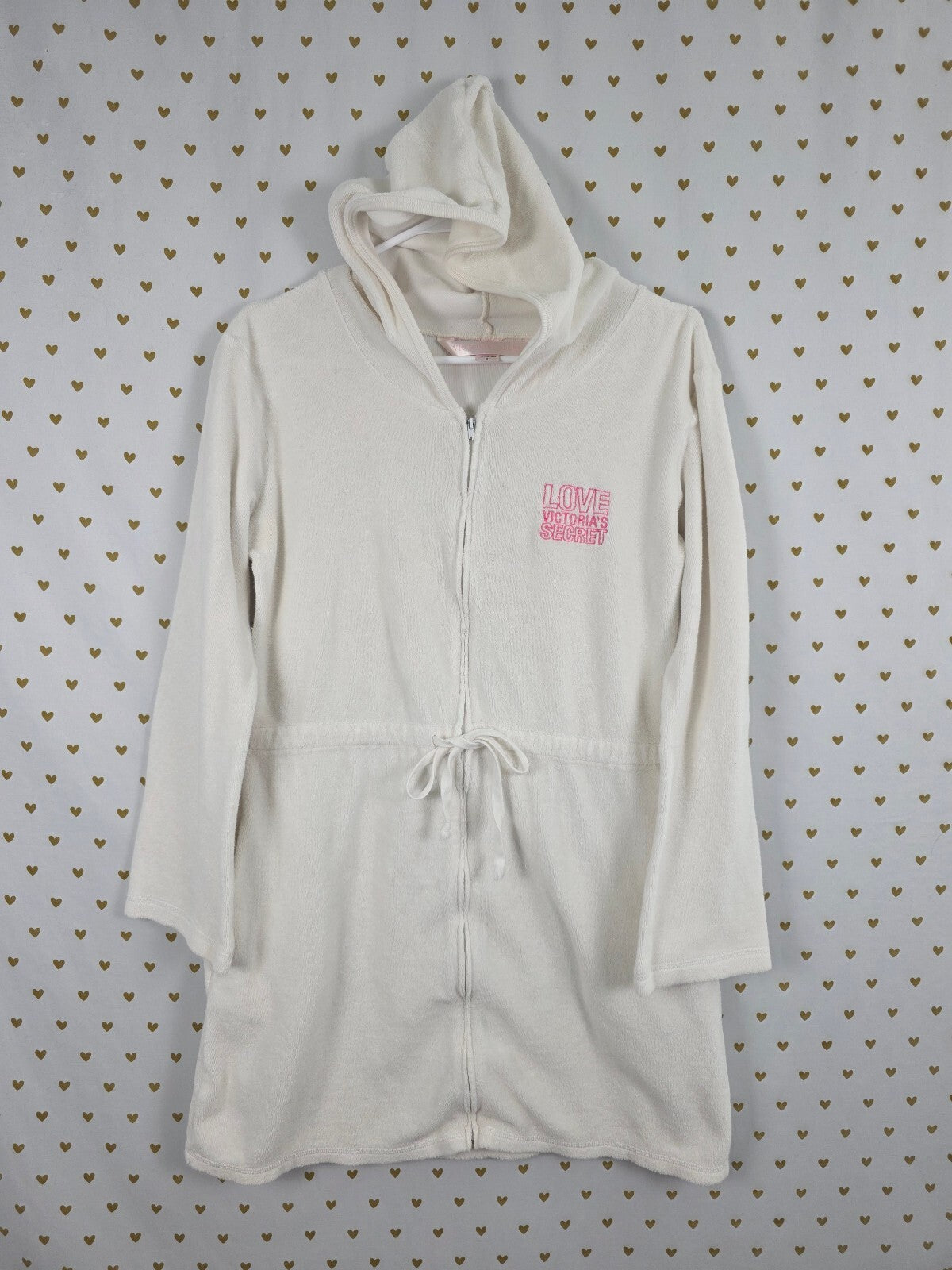 2008 Victoria's Secret Terry Cloth Hooded Swim Cover Up Dress White Pink S