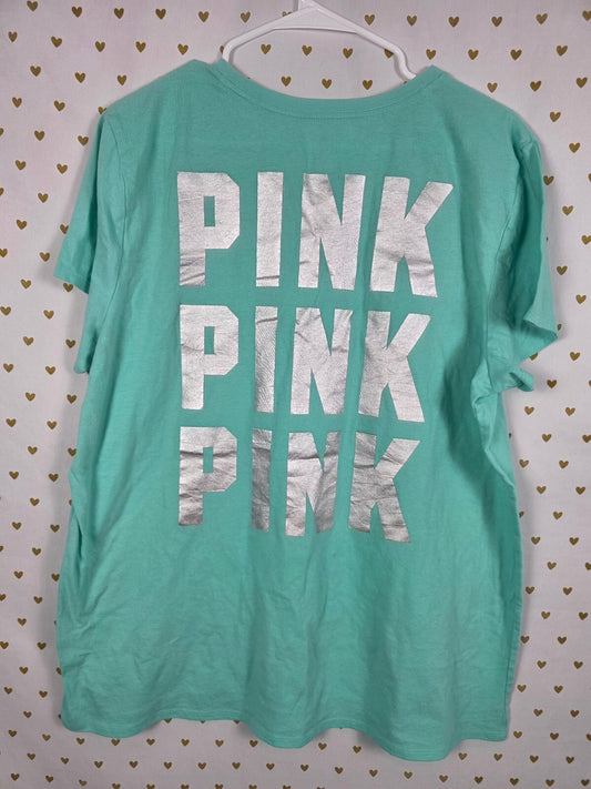 Victorias Secret PINK Foil Logo 2XL XXL Mint Green Tee shirt