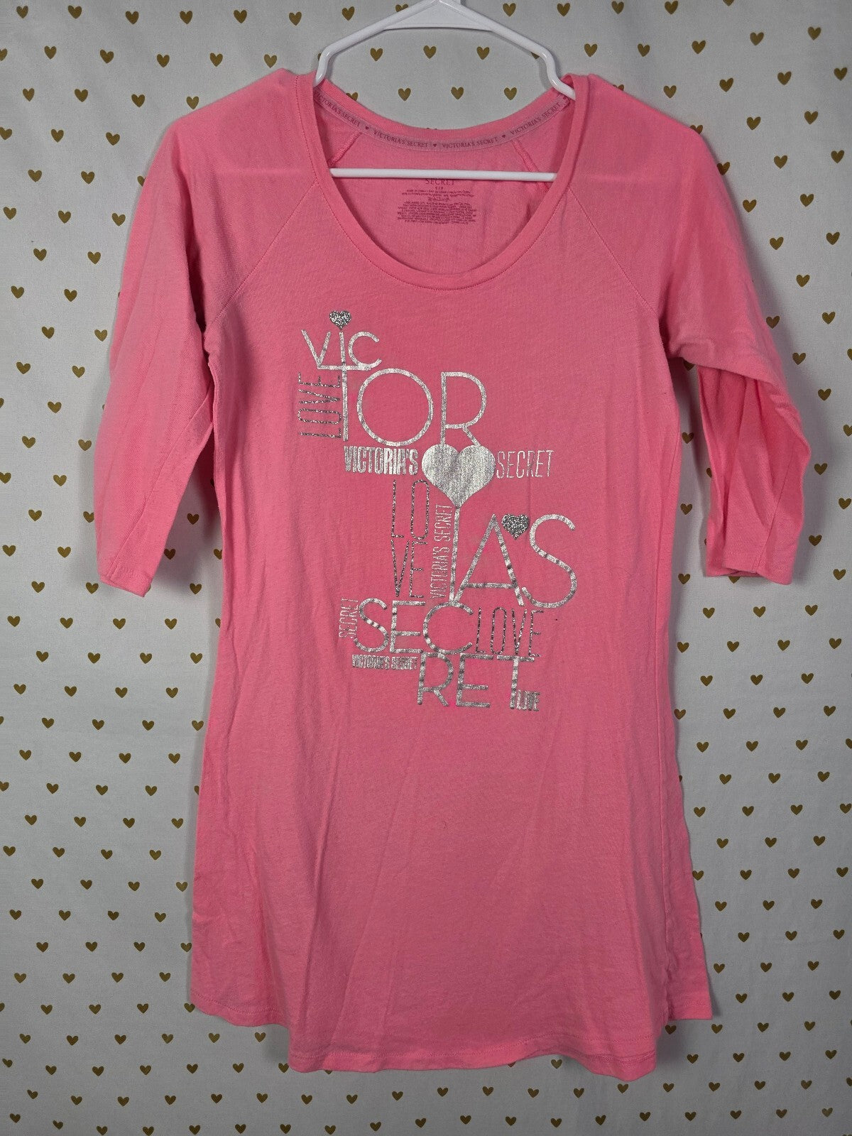 Victorias Secret Bling Logo Quarter Sleeve Sleep Shirt Nightgown Pajama SMALL