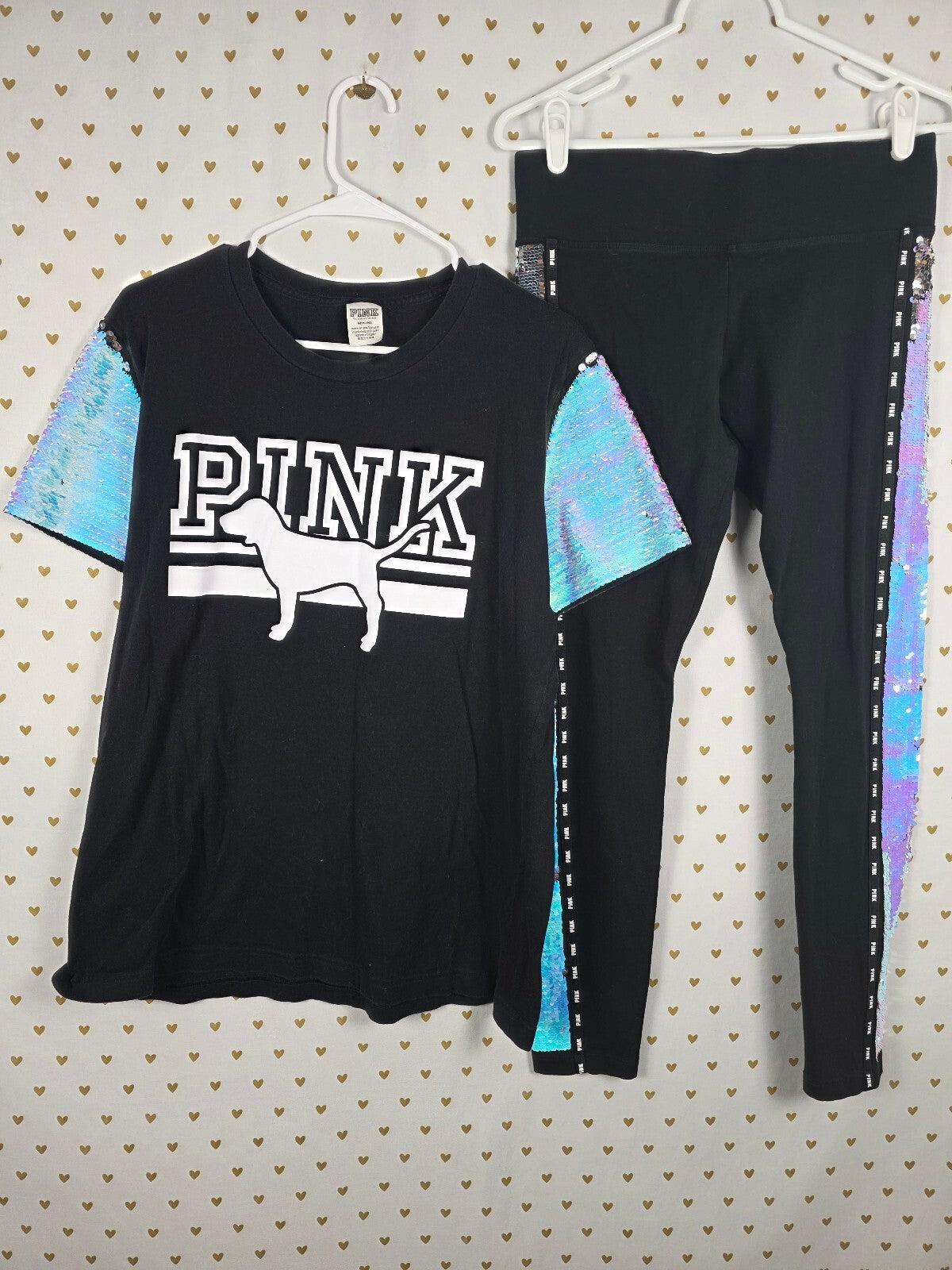 Victorias Secret PINK Mermaid Flip Bling Logo Shirt Yoga Pants HTF SET MEDIUM