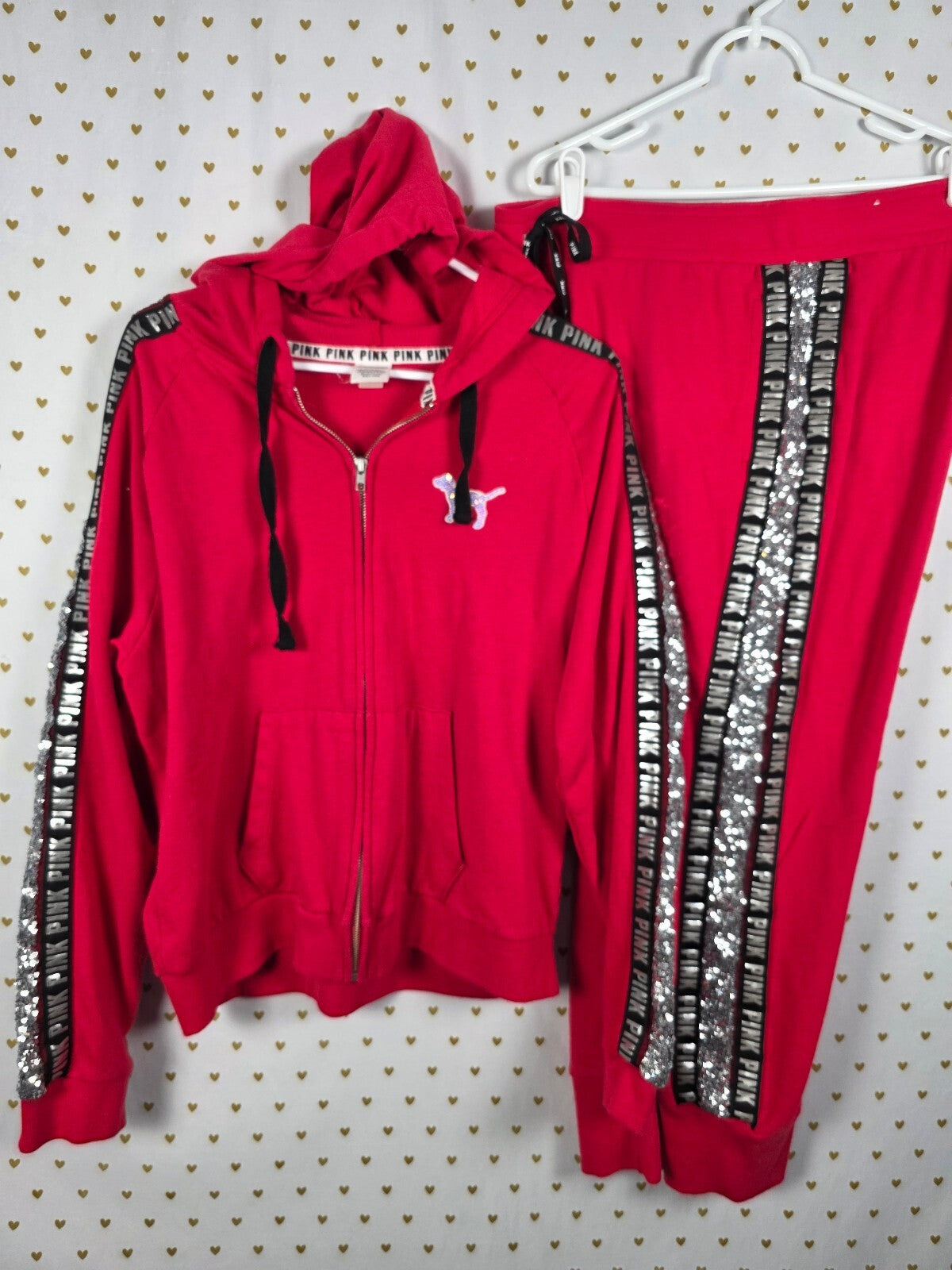 Victorias Secret Pink Red Mermaid Bling Hoodie Jacket Sweats SET XL 2pc HTF