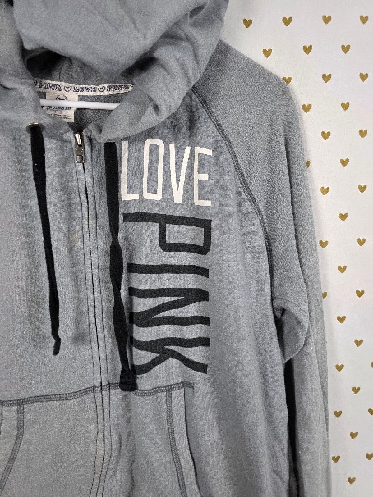 Victorias Secret Pink Full Zip LOVE  Vintage Grey Jacket Hoodie LARGE