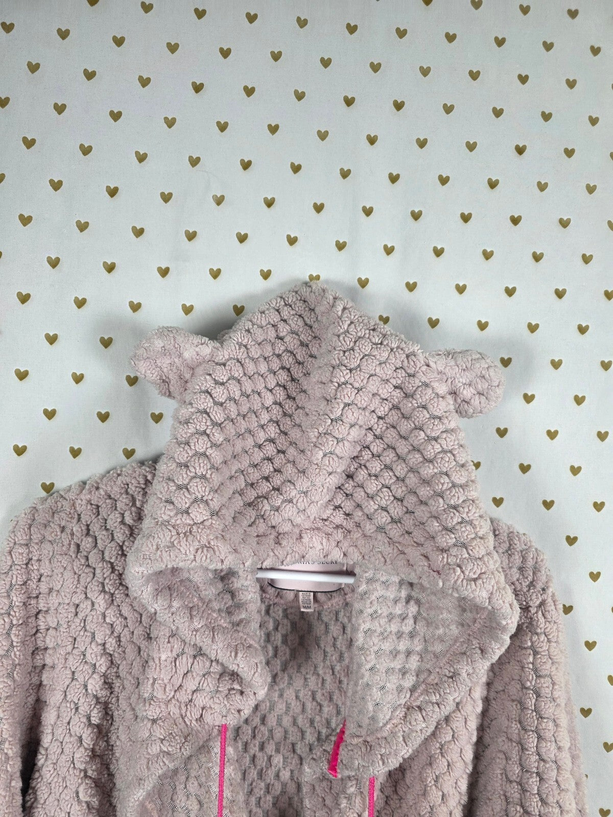 Victoria's Secret Teddy Bear Ear Hooded Robe Pink Pom Pom Textured Fleece M