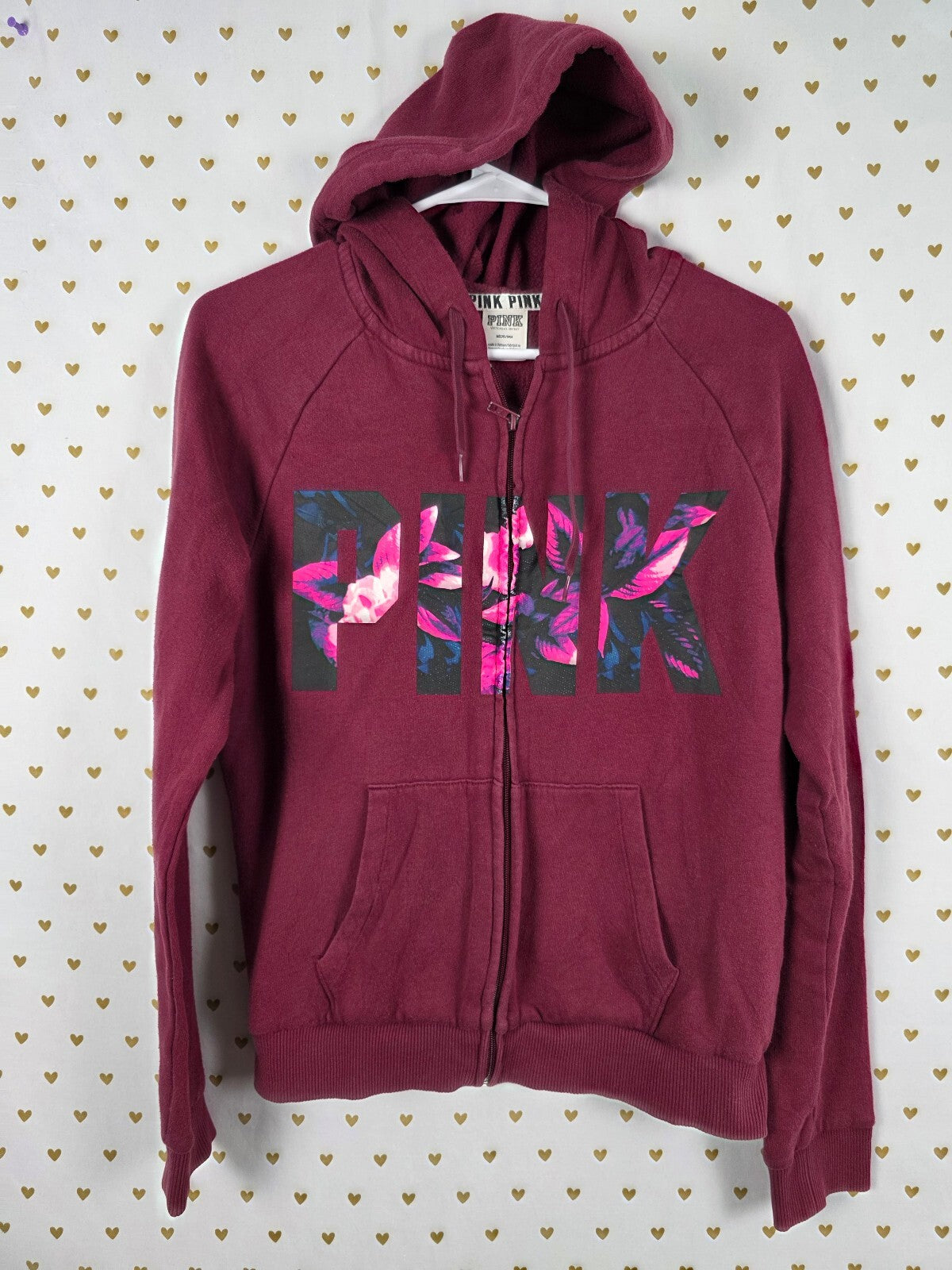 Victorias Secret Pink Floral Logo Full Zip Hoodie Jacket Medium