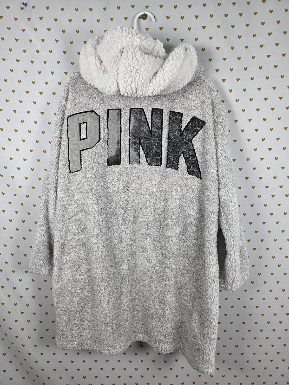 Victorias Secret PINK Shimmer Hooded Robe Silver Medium Large Fuzzy Warm