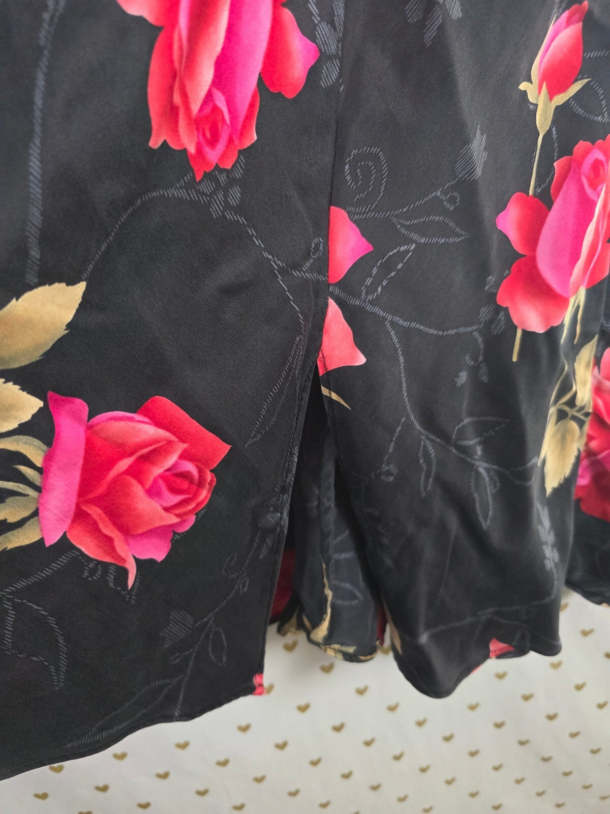 Vintage Victoria's Secret 100% Silk Slip Dress M Black Pink Rose Floral Lace
