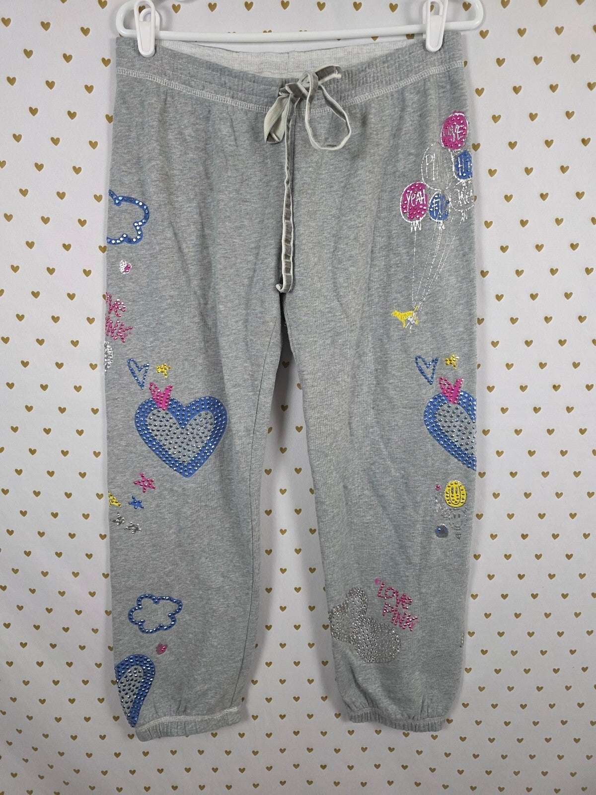 Vintage Victoria's Secret PINK Rhinestone Hearts Balloons Sweatpants S RARE