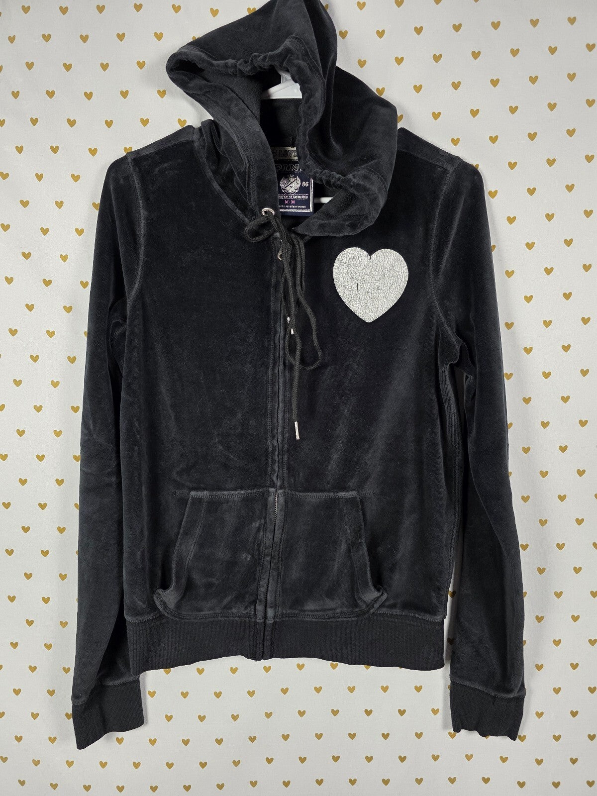 Victoria's Secret PINK Velour Zip Hoodie M Black I Love Parties BLING HTF MED