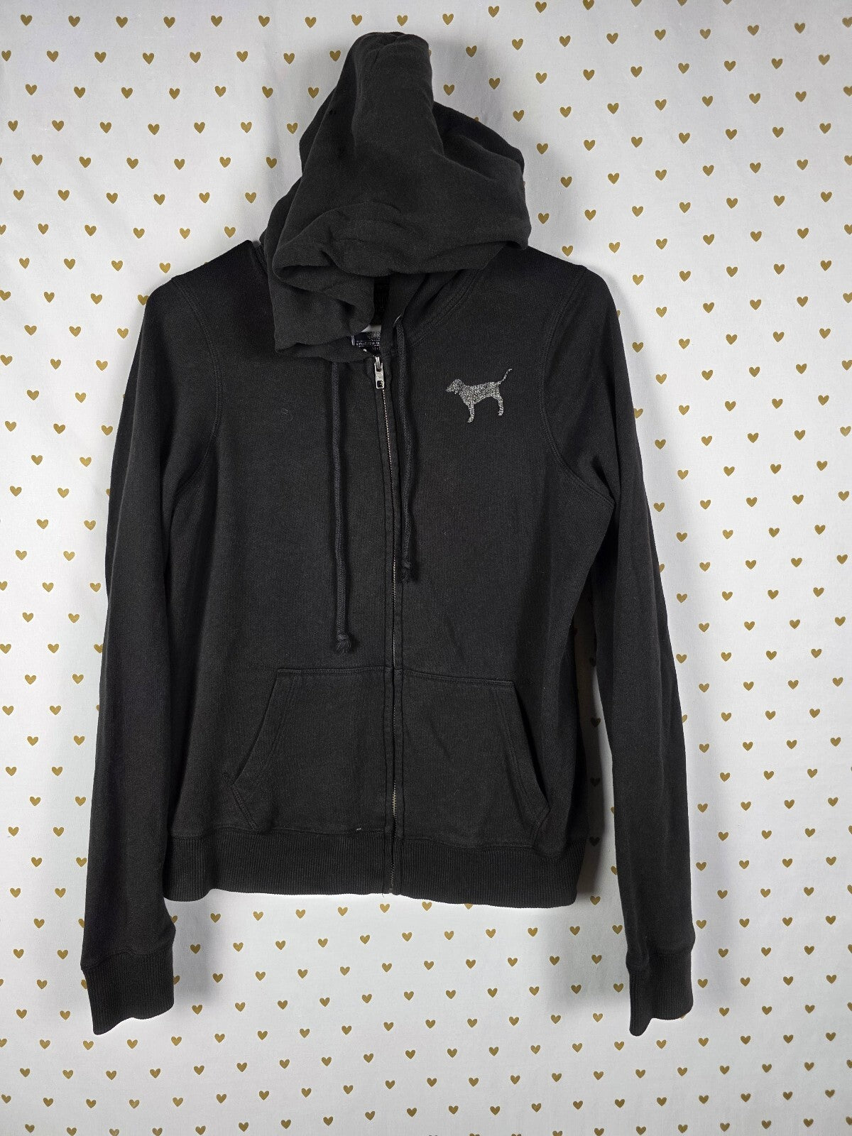 Vintage PINK Victoria's Secret Jeweled Heart Full Zip Hoodie Black Bling M