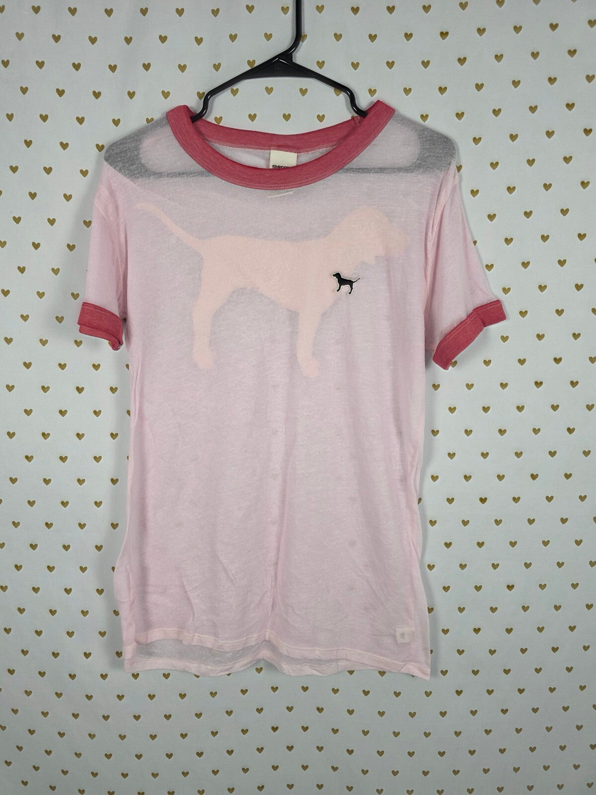Victorias Secret PINK Sheer Dog Logo Ringer Tee shirt Medium