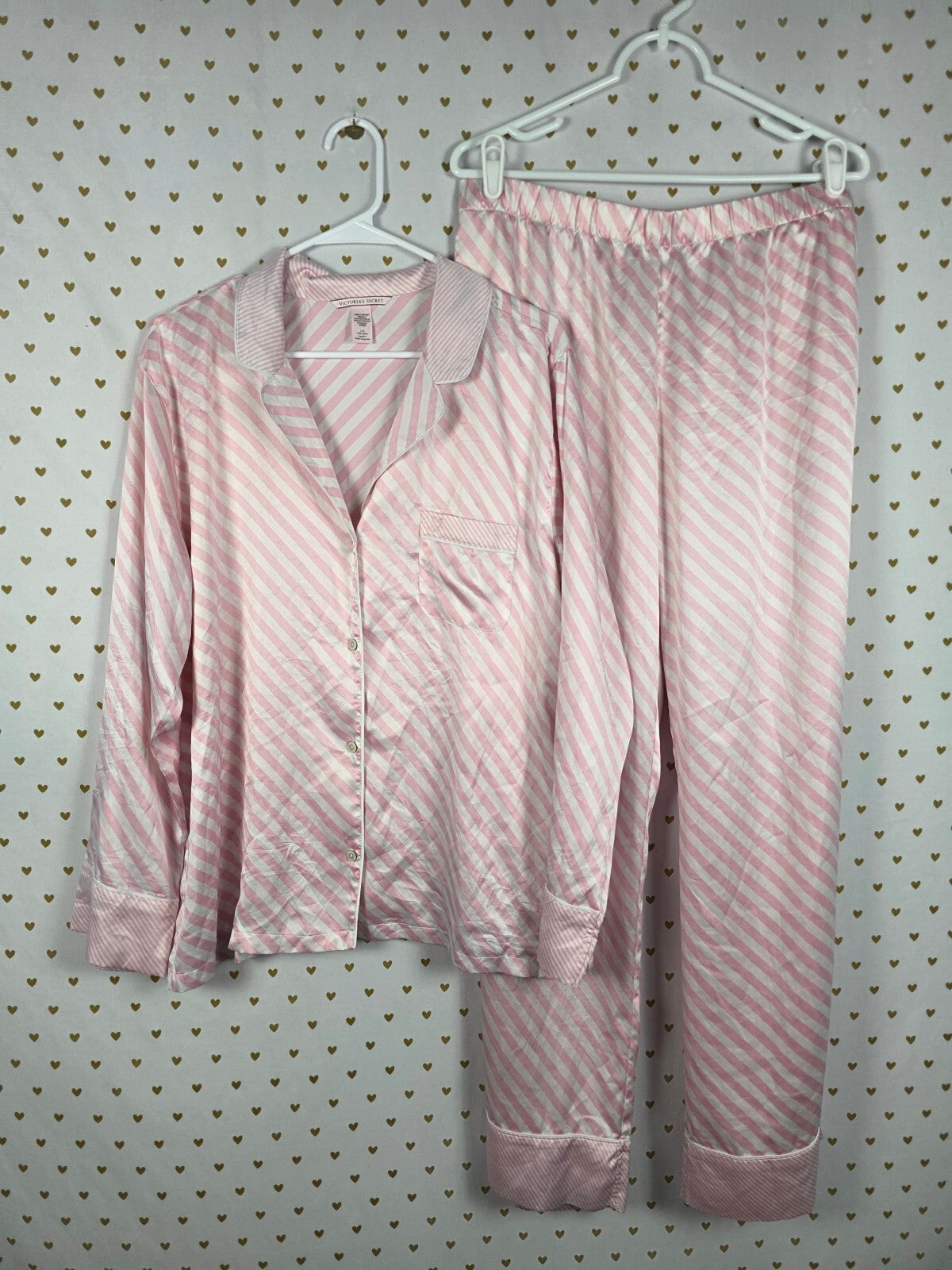 Victorias Secret Sleep SET 2pc Outfit Pajama Satin Iconic Striped Shirt Pants L