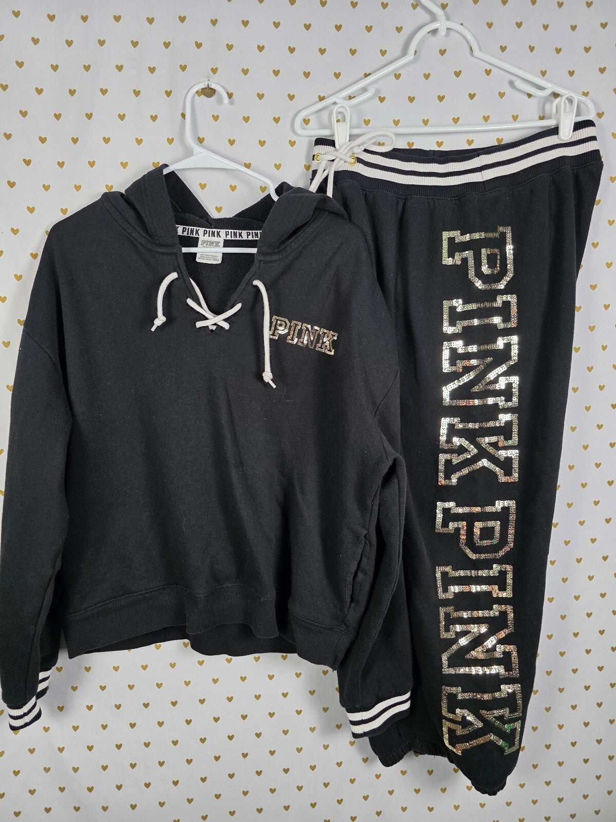 Victorias Secret Pink Rose Bling SET Hooded Sweater sequined Sweatpants Large