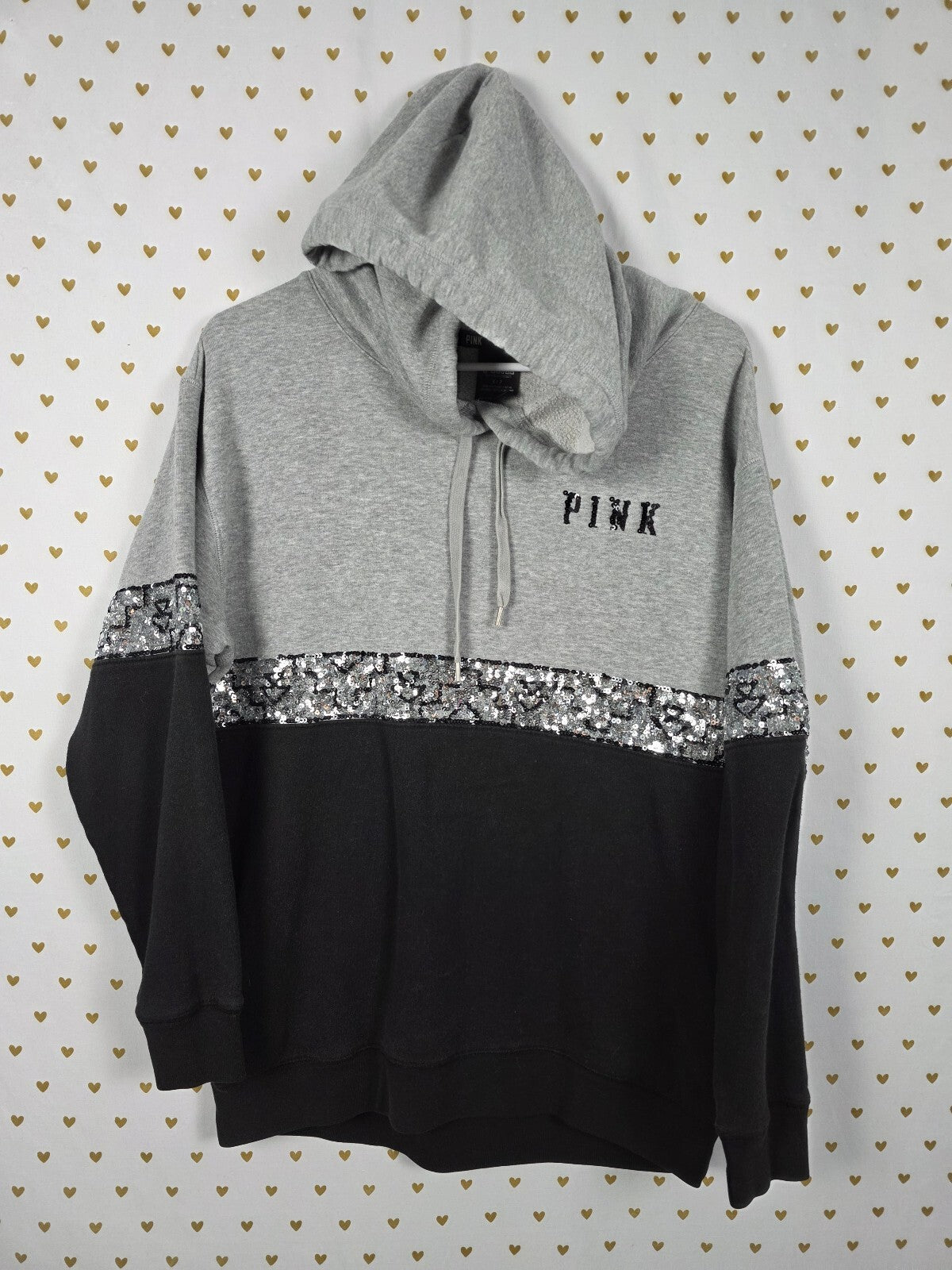 Victoria's Secret PINK BLING Sequin Hoodie Gray Black Pullover Small S