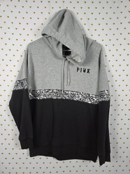 Victoria's Secret PINK BLING Sequin Hoodie Gray Black Pullover Small S
