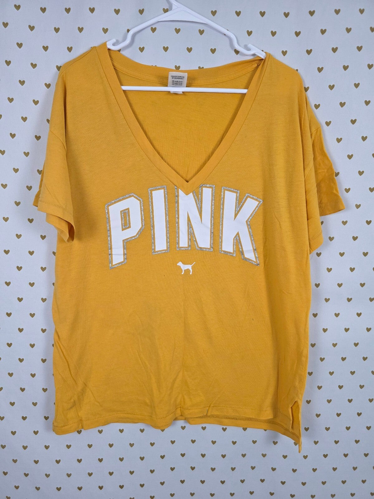 Victorias Secret PINK Yellow Bling Glitter Logo V neck Tee shirt LARGE