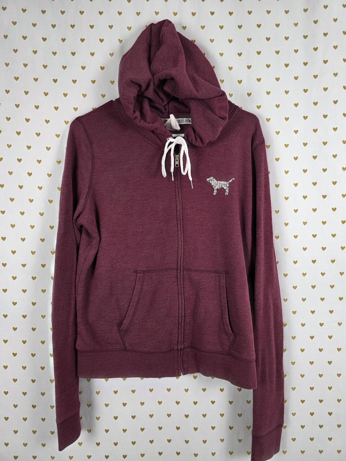 Victorias Secret Pink Maroon Sequined Bling Full ZIp Hoodie Jacket LARGE
