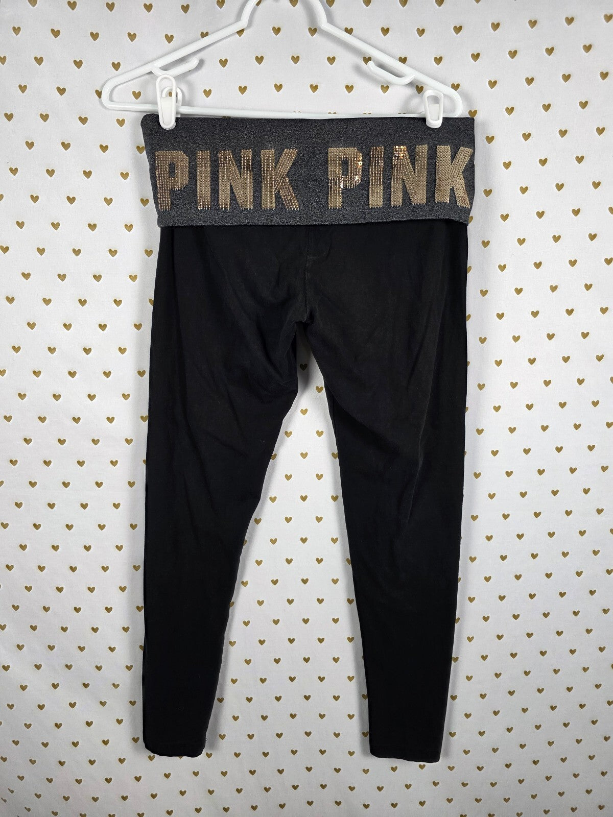 Victorias Secret PINK BLING GOLD SEQUIN Vintage Y2k Foldover Yoga Pants Ankle M