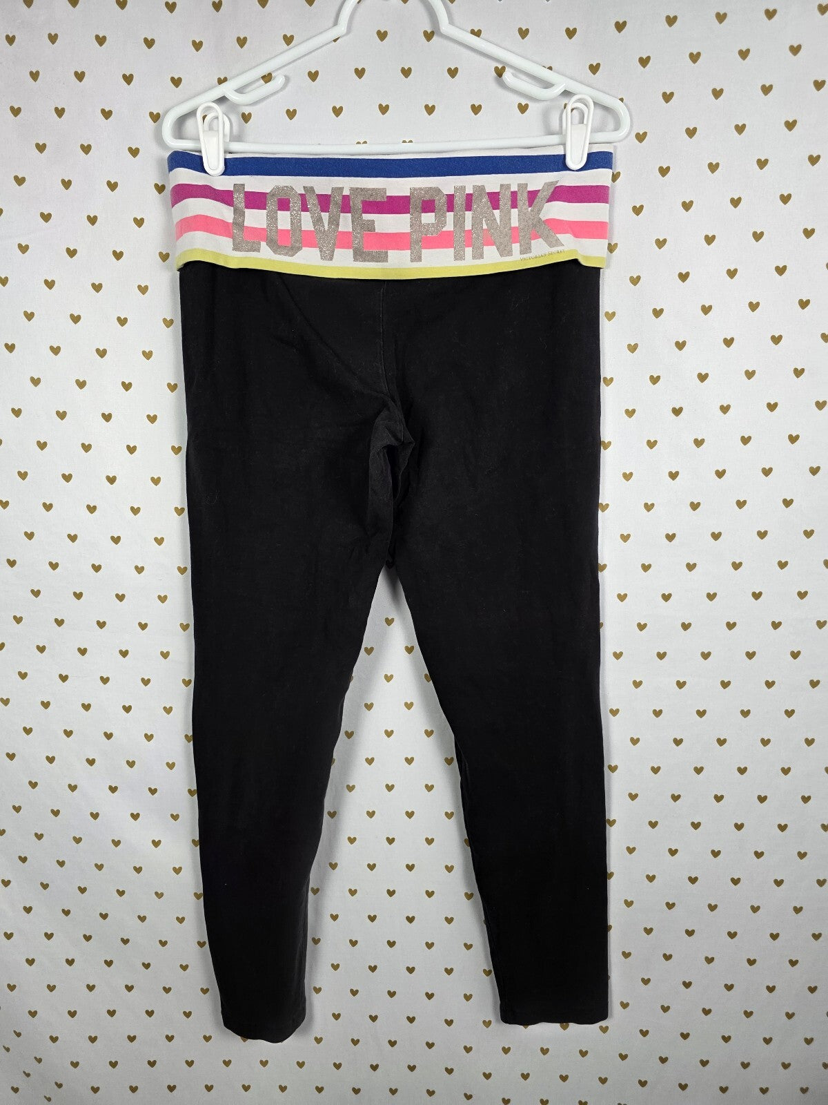 Victorias Secret PINK Rainbow Stripe LOVE Foldover Yoga Pants Skinny Large