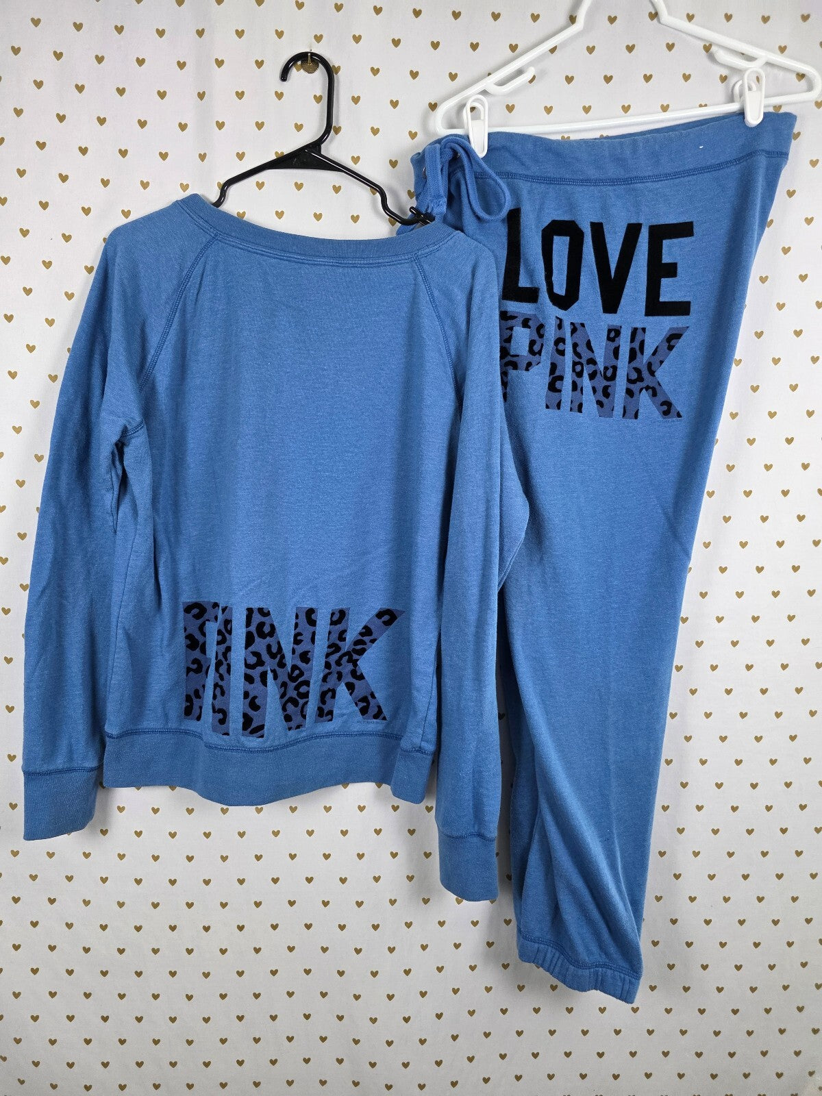 VS PINK LOVE PINK Leopard Sweatshirt Sweatpants Set Blue L/S