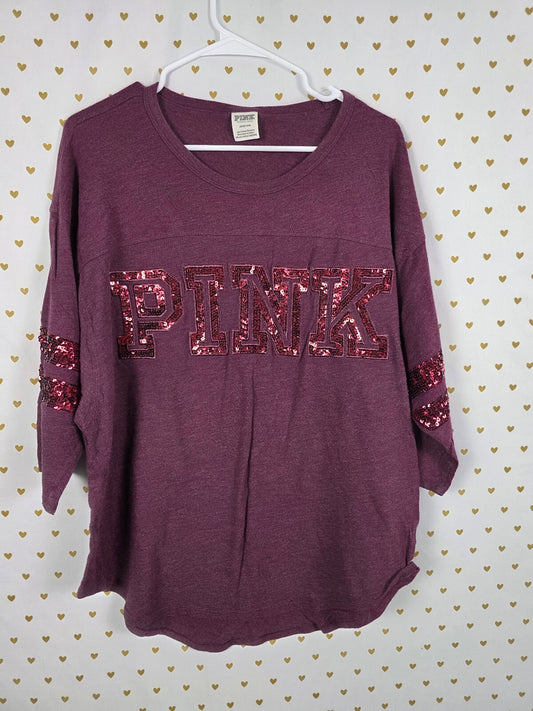 Victorias Secret PINK Red BLING Sequined Tee shirt LARGE