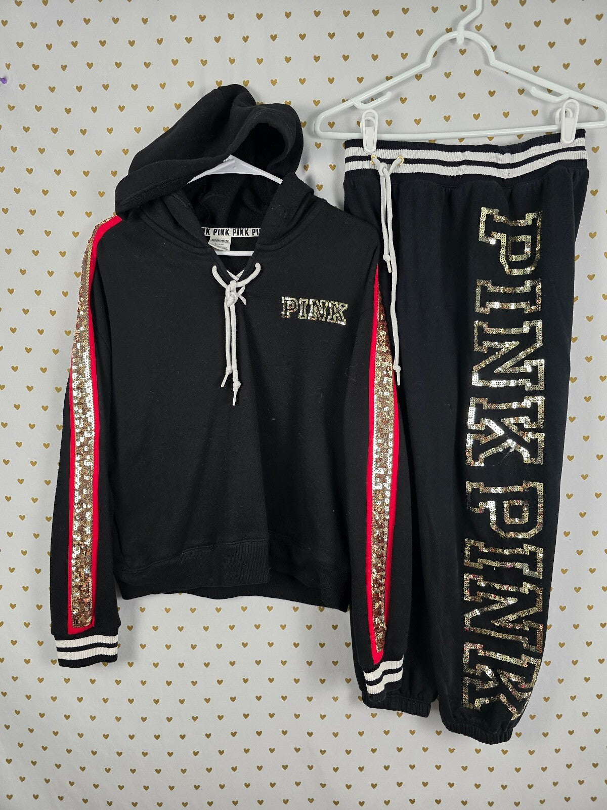 Victorias Secret Pink Rose BLING Set Sweats Pullover Hooded Sweater Sequined Med