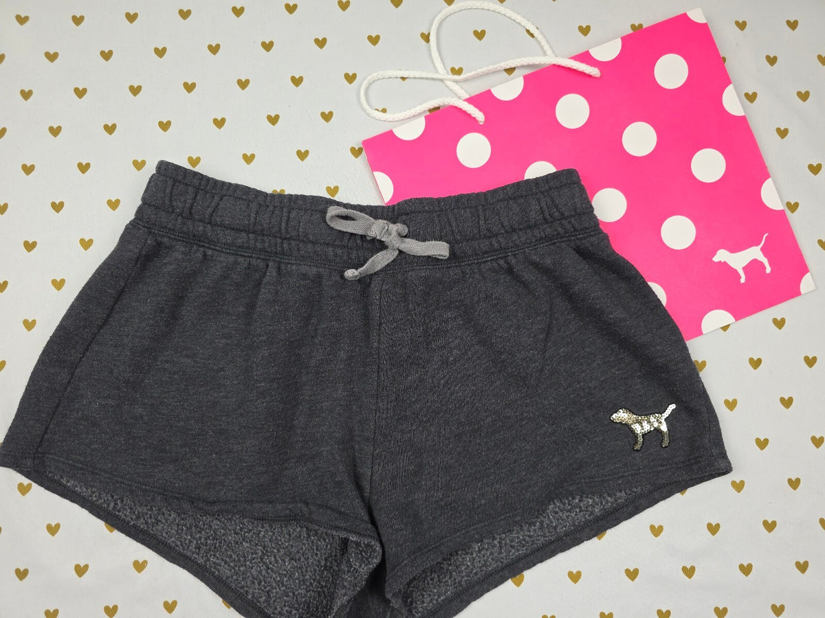 PINK Victoria's Secret Sequin Logo Lounge Shorts Gray Fleece Drawstring Small
