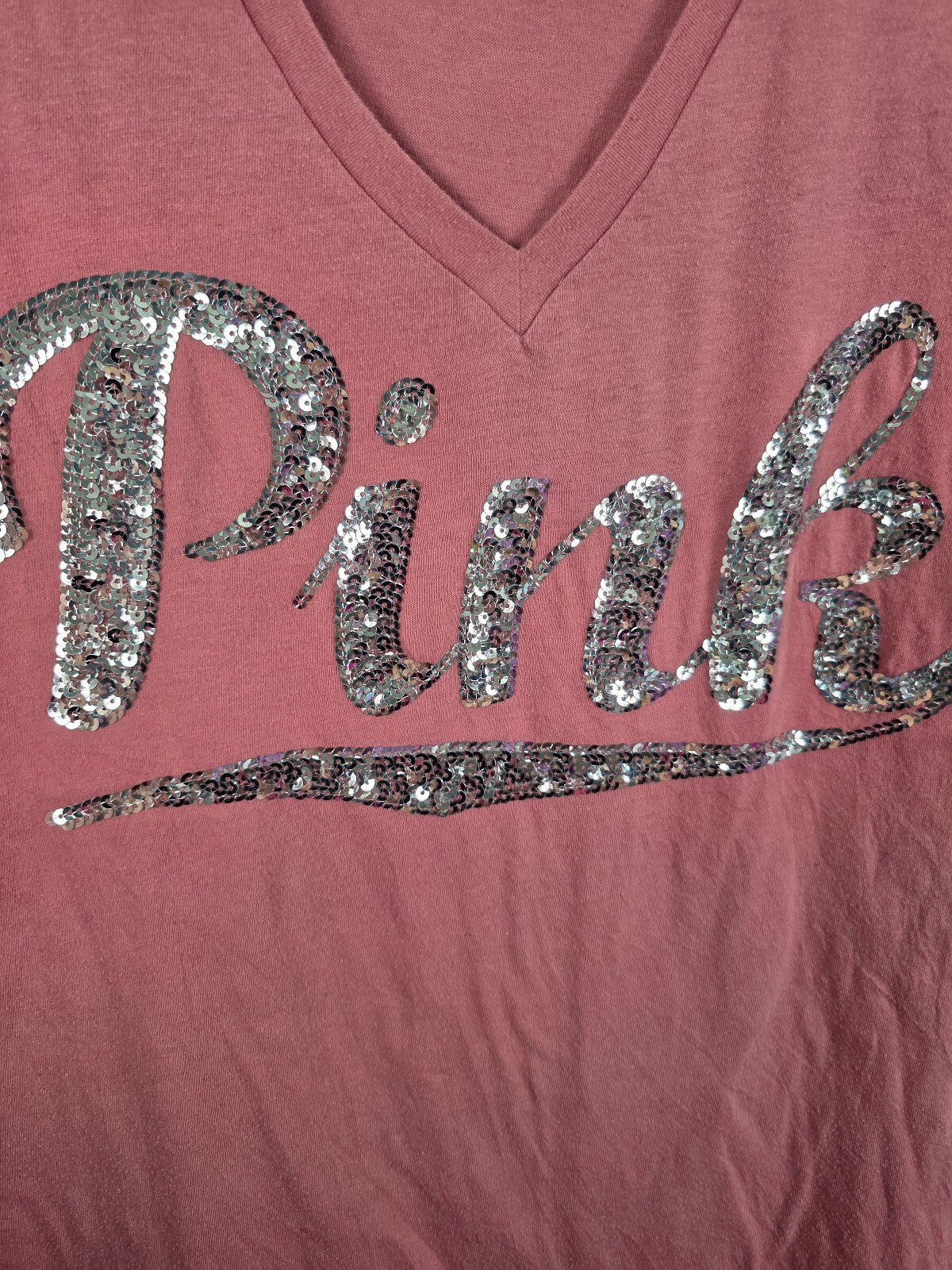 Victorias Secret PINK V neck sequined Tee shirt Silver Large