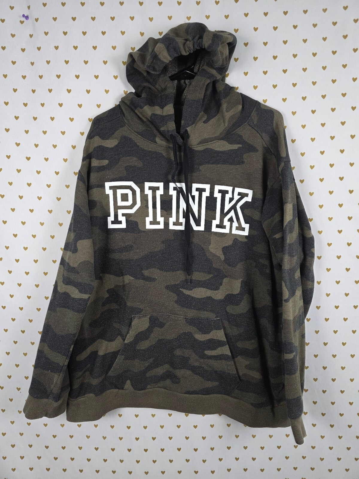 Victorias Secret Pink Camo Camouflage Green Logo Pullover Hoodie Sweater XL