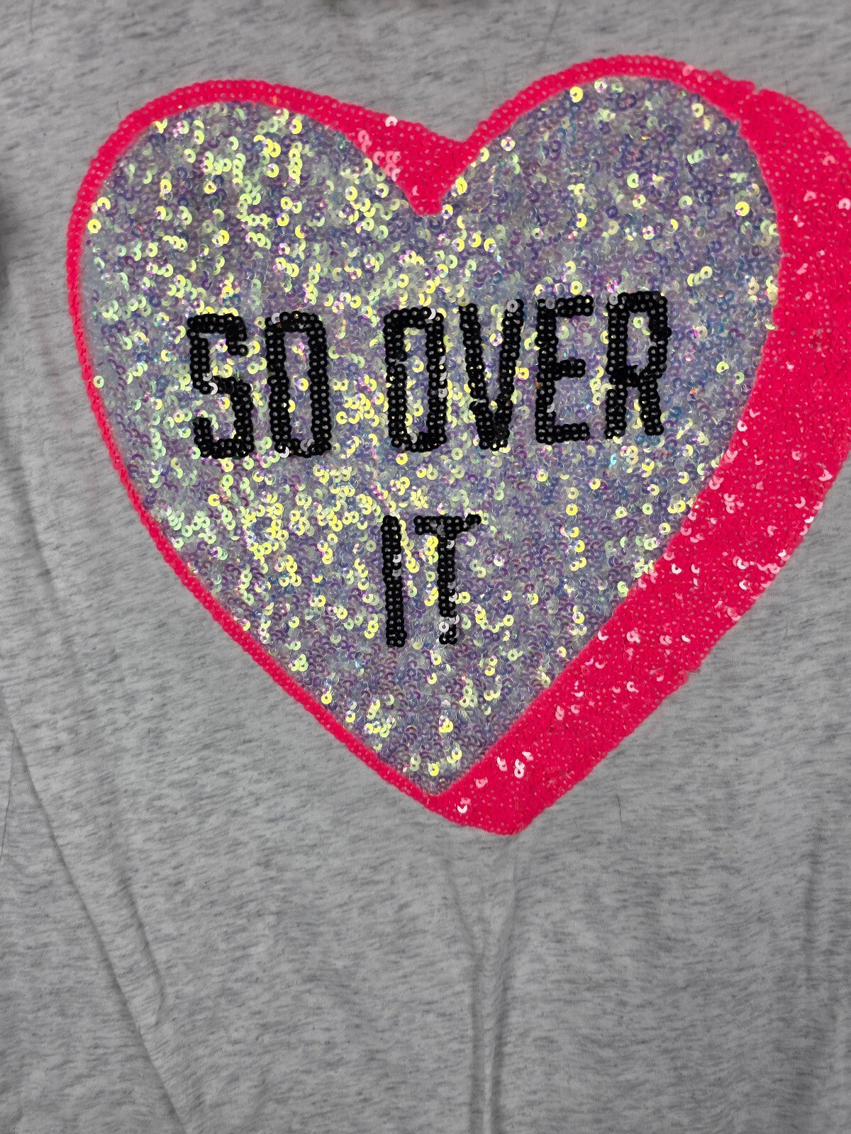 NWT Victoria's Secret PINK Sequin Heart So Over It Graphic Tee Shirt Gray XS