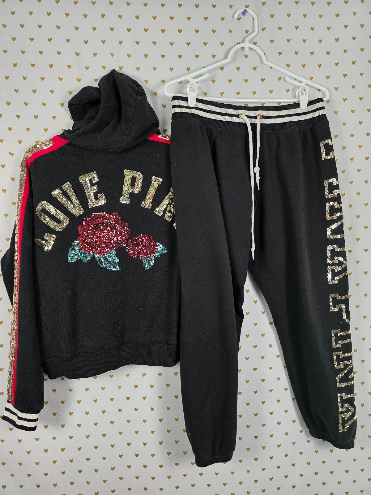 Victorias Secret Pink HTF ROSE BLING SET Sweatpants Hoodie Sweater M LARGE
