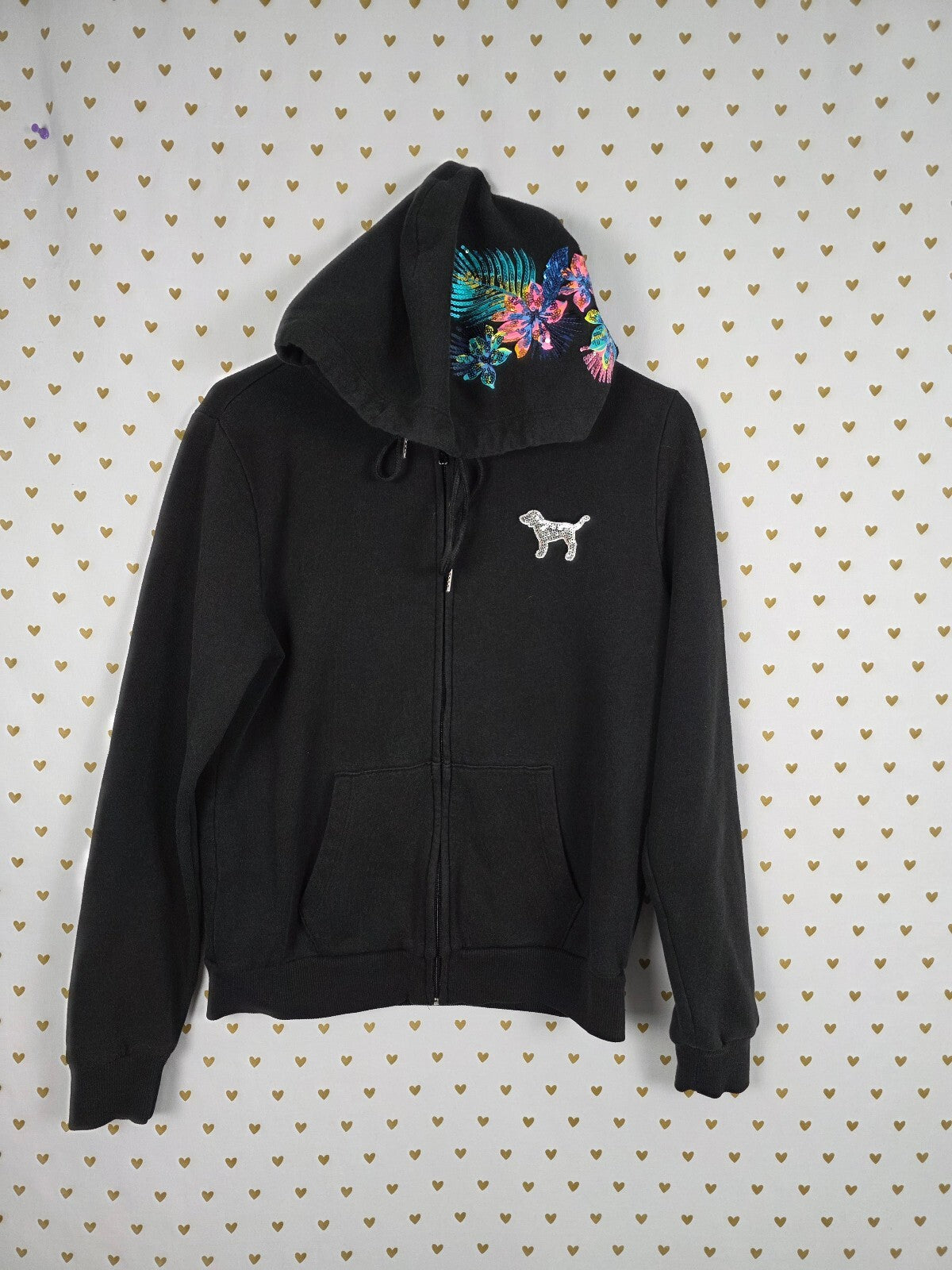 Victorias Secret Pink BLING Sequin Hibiscus Full zip hoodie Jacket HTF MEDIUM