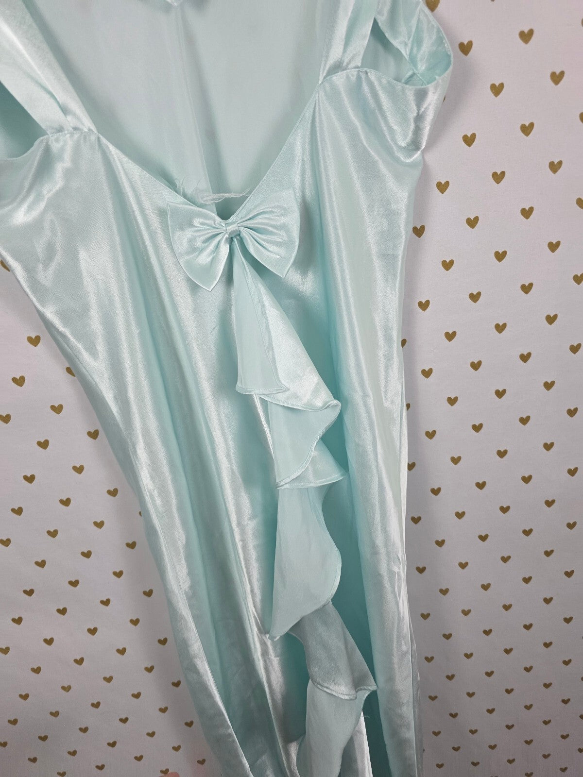 Vintage Victoria's Secret Gold Label Aqua Satin Gown Bow Back Ruffle Nightgown