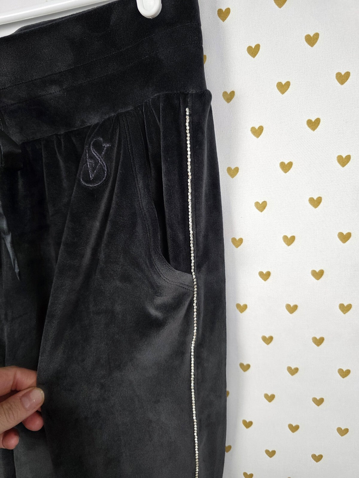 Victorias Secret Black Velvet Soft Sweats Sweatpants BLING Stripe MEDIUM