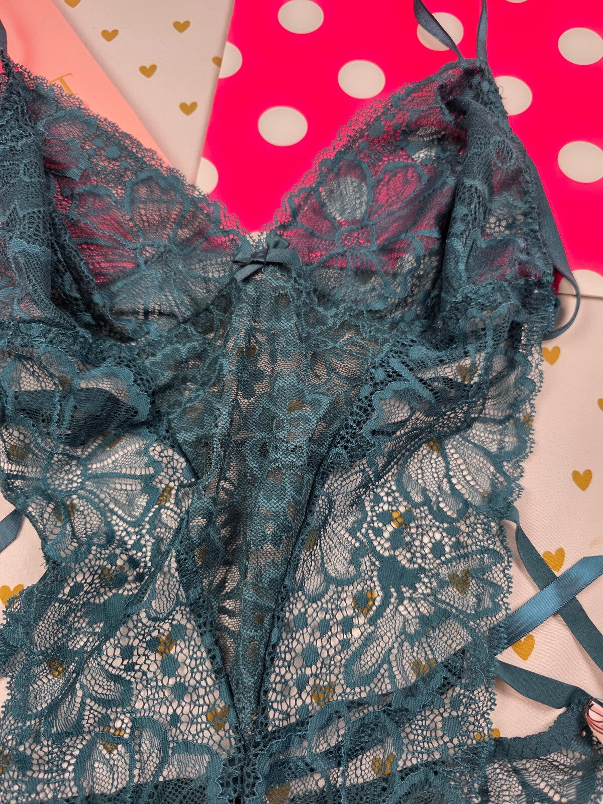 Victoria's Secret Teal Floral Lace Teddy Bodysuit XL Satin Tie Thong