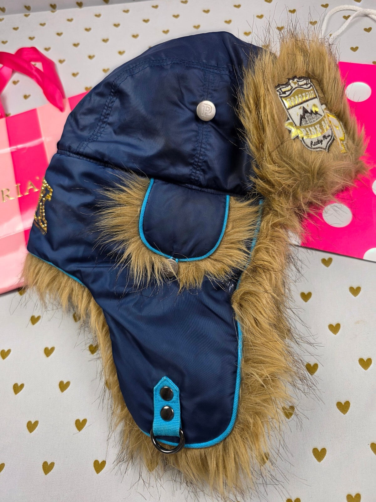 Victoria’s Secret PINK Road Trip 86 BLING Faux Fur Trapper Hat Y2K Rare